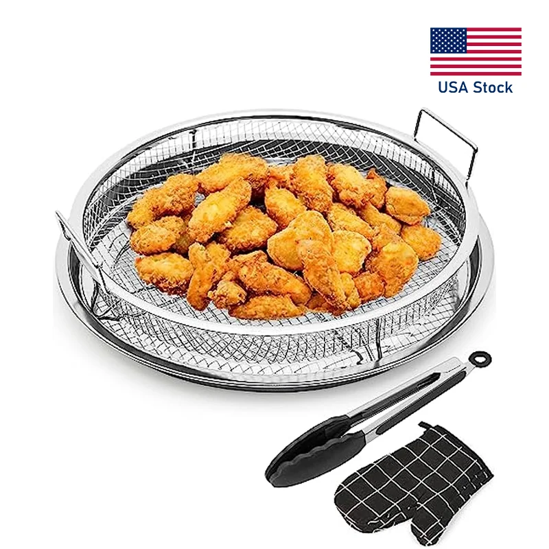 

Round Air Fryer Basket for Oven 2 Pcs Stainless Steel Tray with Cooking Mitts Tongs Non-Stick Roasting Oven Bakeware Bread Pan