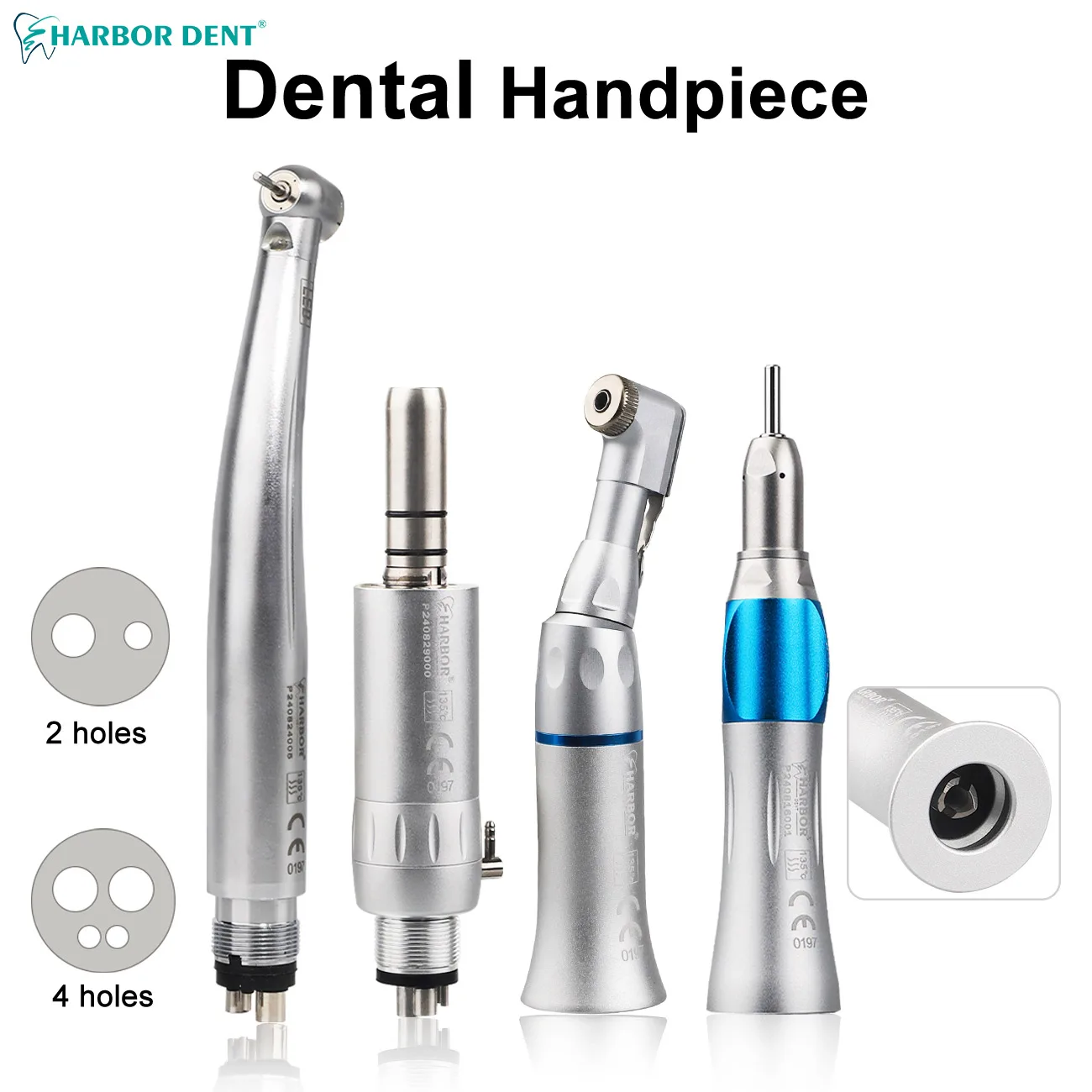 2/4 Holes Dental High / Low Speed Handpiece With LED Metal Box Kit Push Button Contra Angle Three Way Water Spray Silver Color