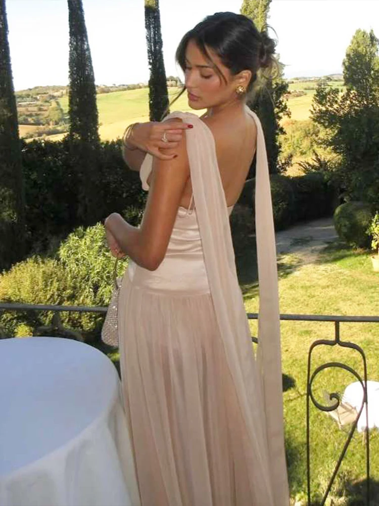 Kliou Zijdeachtige Elegante Jurk Vrouw Diepe V-hals Mouwloos Backless Lang Lint Decoratie Middernacht Prom Party Hipster Vestidos