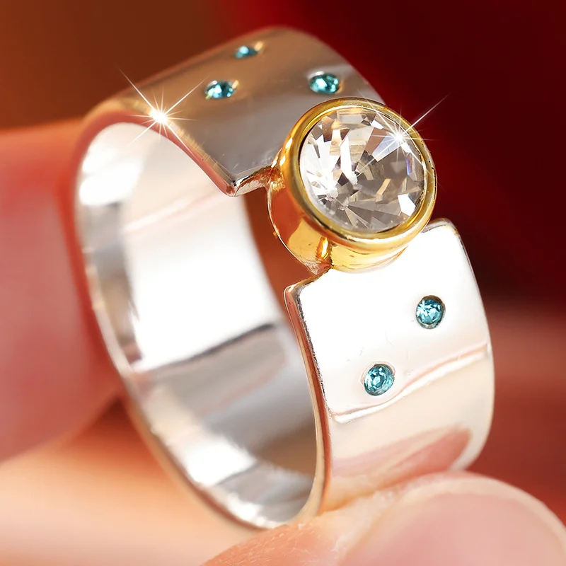 Women's Fashion Minimalist Silver Plated Ring Inlay Synthetic Zircon and Connected Embellishment Ring Daily Trend Jewelry