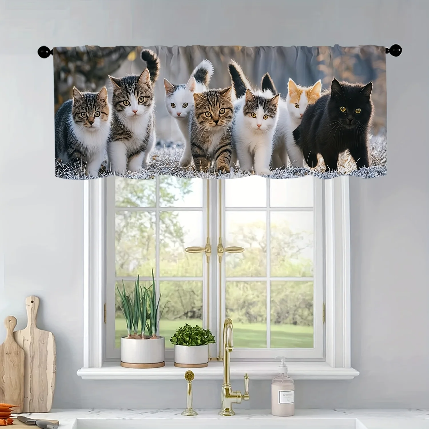 

1pc Group of Cute Cats Realistic Print Kitchen Curtain Valance Pocket Window Living Room Bedroom Bathroom Home Decoration