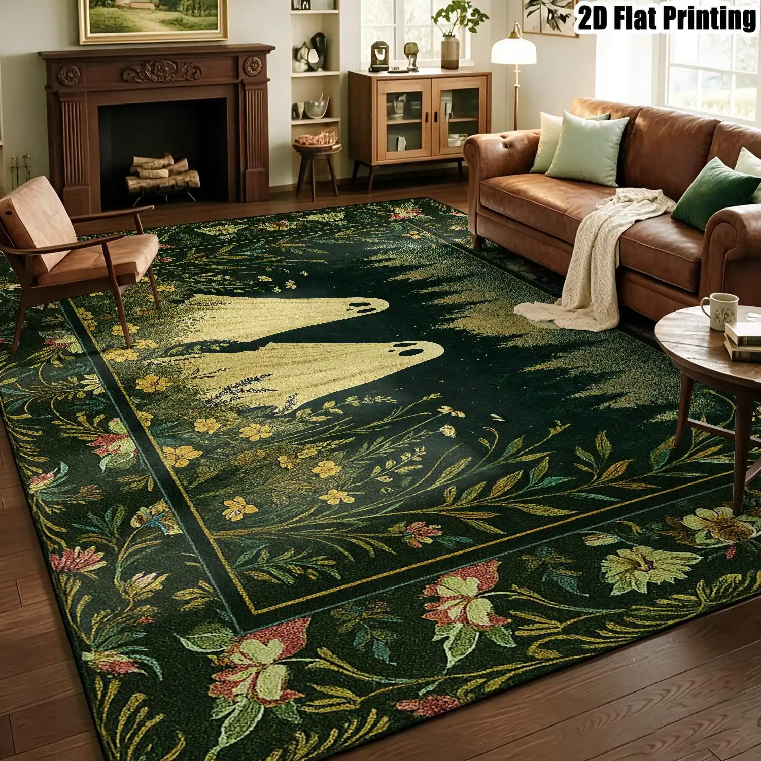 1Pc 2D Printed Carpet: Dark Green Base with Ghost Flower Patterns European/Retro/Bohemian/Nordic Style, Home Decor, Multi-Size, Machine Washable, for Living Room, Bedroom, Dining Room, Entryway, Study.