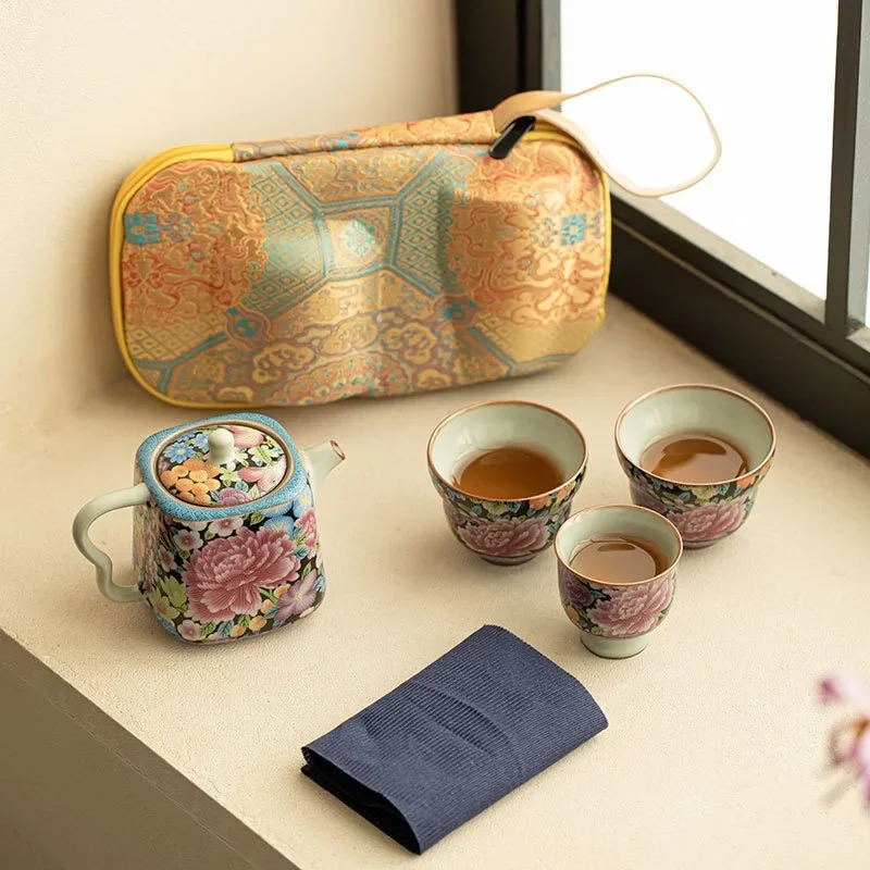Jingdezhen Ru Kiln Wanhua Enamel Color Flower 1Pot 3Cup Portable Bag Picnic Travel Set Outdoor Camping Express Cup Birthday Gift