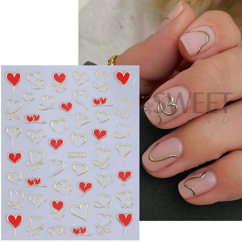 3D Heart Nail Art Stickers Pink Purple Love Heart Lines Nail Decals DIY Adhesive Slider Valentines Romantic Manicure Decorations