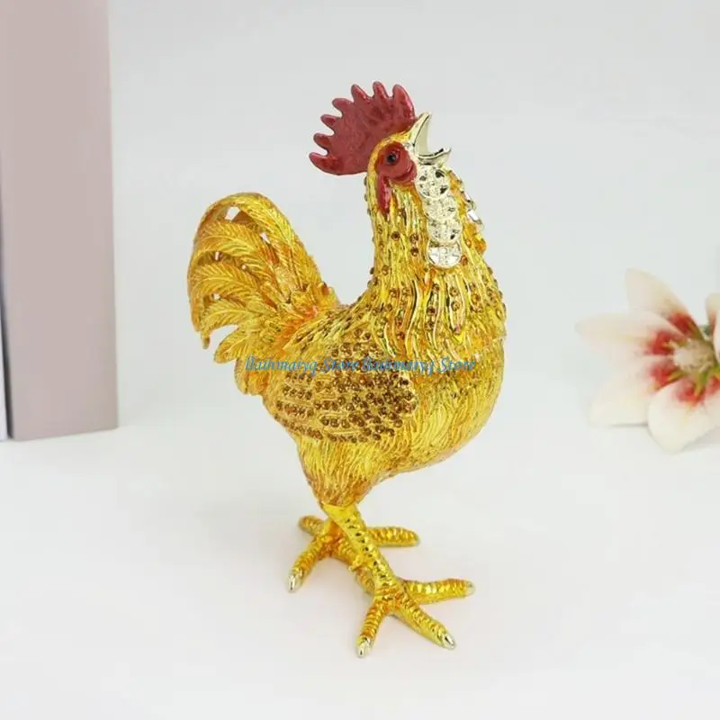 573B Exquisite Metal Rooster Shaped Trinket Box With Crystal And Enamel Jewelry Organiser Storage Container