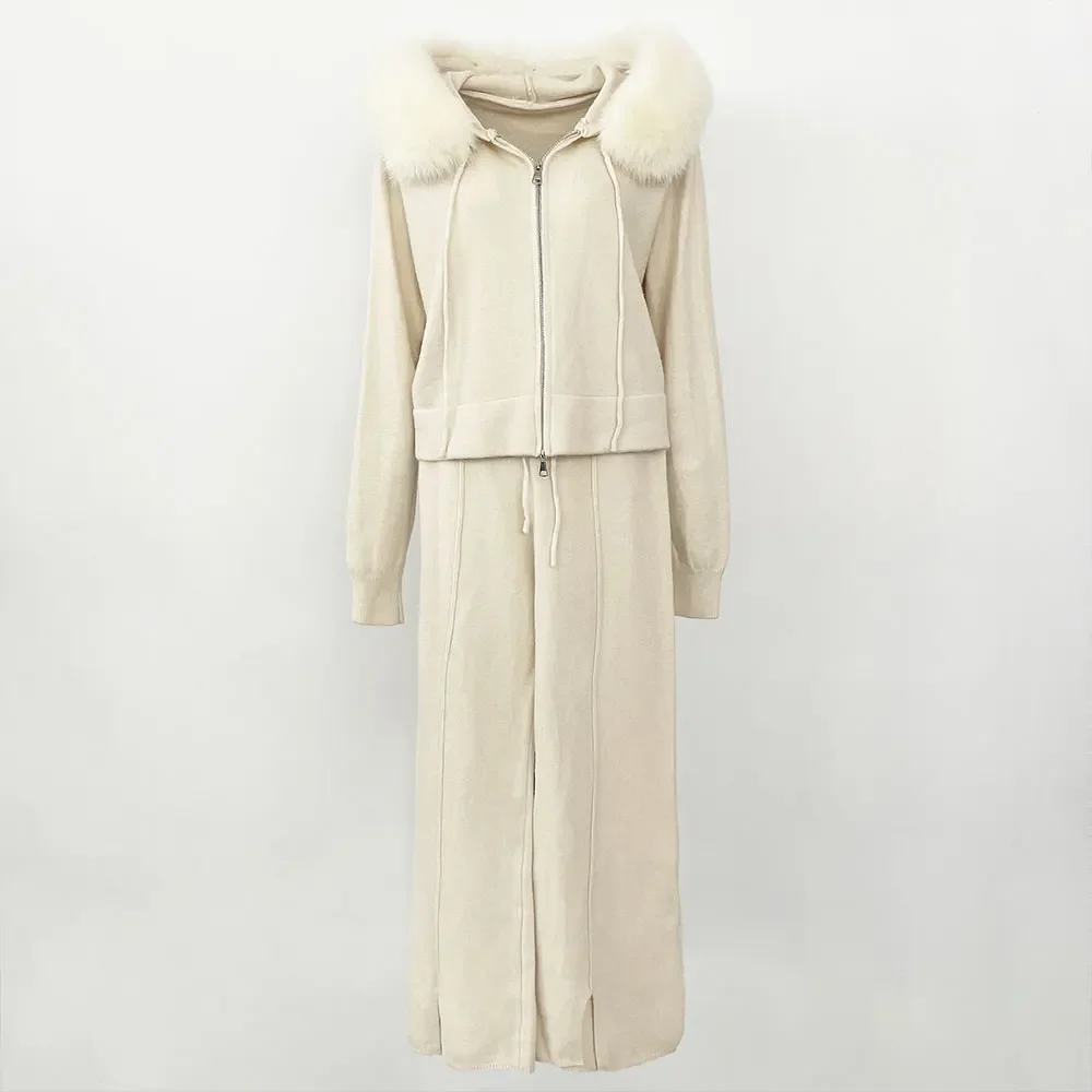 

Fox Fur Collar Fur Coat 2024 Knitwear Trousers Hooded Jacket with Detachable Autumn Winter Fashionable Sweater Suit Women