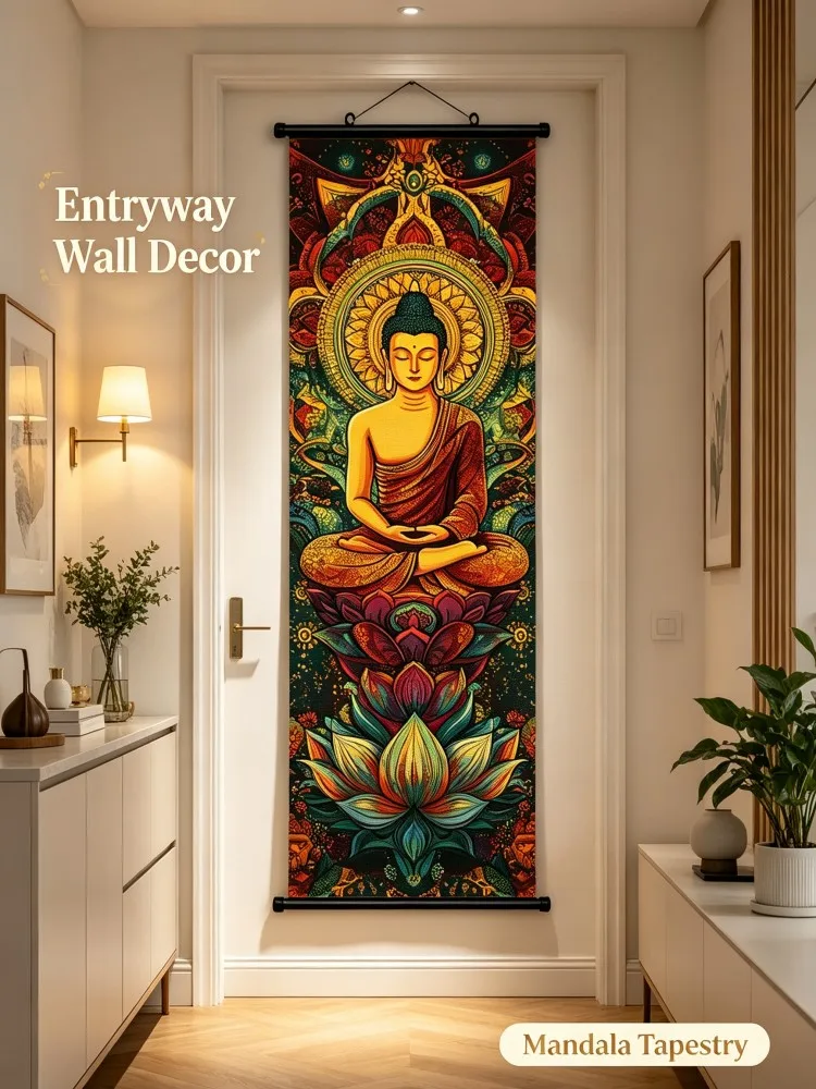 VIKAMA **New Arrival Mandala Buddha Tapestry, Spiritual Meditation Wall Hanging, Colorful Lotus Bohemian Decorative Scroll for L