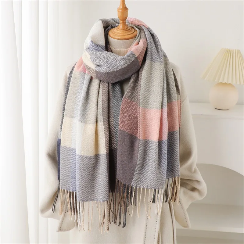 

Stylish Plaid Tassel Long Scarf Imitation Cashmere Thick Soft Warm Shawl Autumn Winter Coldproof Versatile Neck Scarf 200*70Cm
