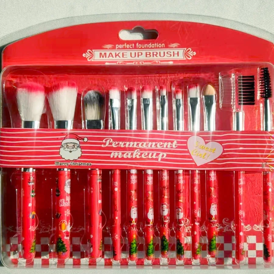 Coffret cadeau de pinceaux de maquillage de noël 12 pièces, avec motif de chat du père noël et KT, pinceaux de dessin animé mignons pour femmes, adaptés aux débutants