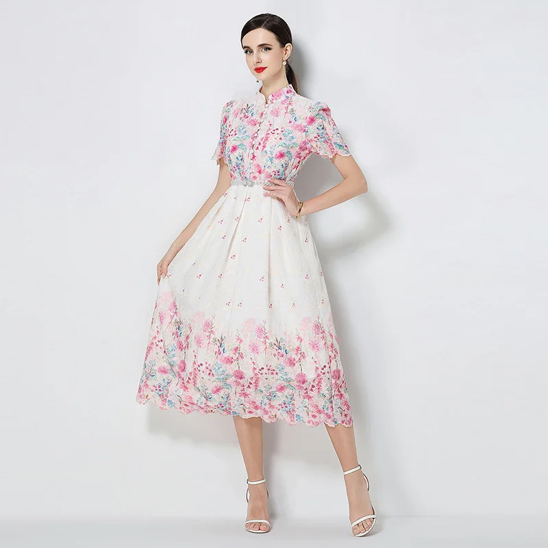

Fashion Short Sleeve Floral Embroidered Long Dress Dresses Spring Summer Slim Fit Casual Tunic Tops