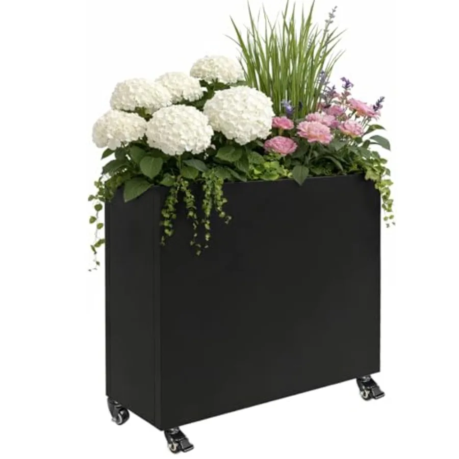 Tall Rectangular Metal Planter Box 36''L x 11''W x 30''H with Wheels Large Outdoor Rolling Planter for Patio Garden Modern Blac