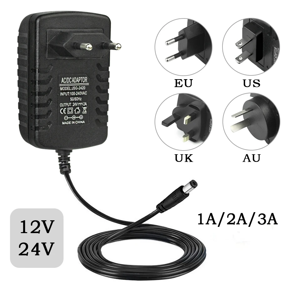 DC 12V 24V Converter Power Adapter 5.5*2.5-2.1mm 1A 2A 3A 5A 6A 8A 10A Power Supply EU US UK AU Plug For LED Strip Light