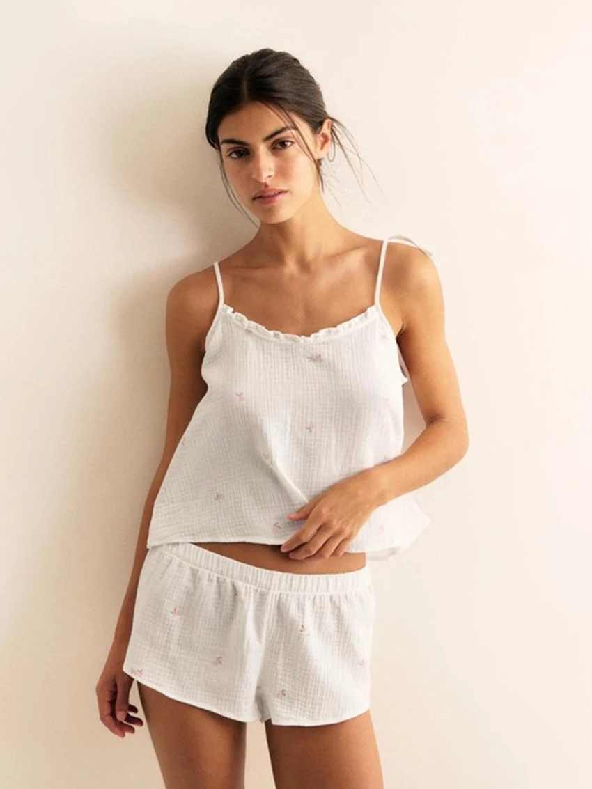 

Marthaqiqi Хлопковый женский пижамный костюм на тонких бретельках, одежда для сна, укороченный топ, ночная рубашка, майка, ночная рубашка, шорты с принтом, комплект ночного белья