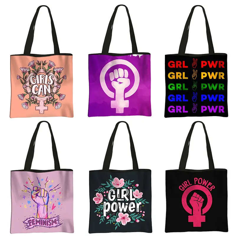 

Fenimism Girl Power Shopping Bag Feminist Women Shoulder Bags for Travel Grl Pwr Handbag Reusable Sandy Beach Tote Bags Gift