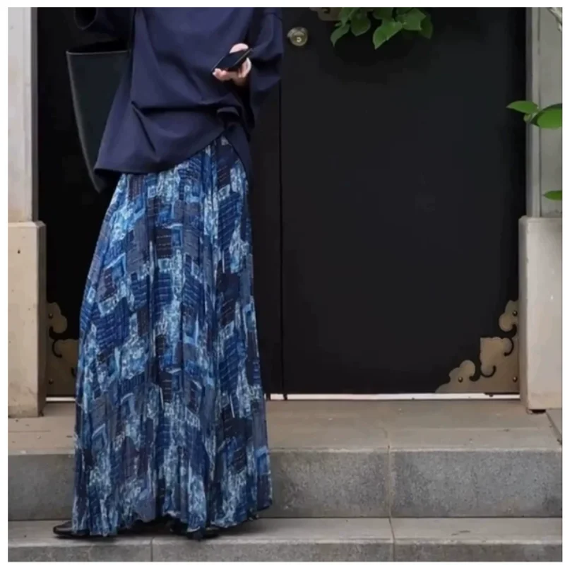 National Wind Blue Smudge Print Chiffon Fabric, Shirt Dress Cheongsam Handmade Sewing Tissue, Thin Transparent T127
