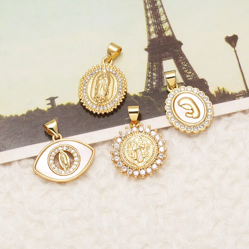 OCESRIO White Crystal Shell Virgin Mary Evil Eye Pendant for Necklace Copper Gold Plated Jewelry Making Supplies pdta238