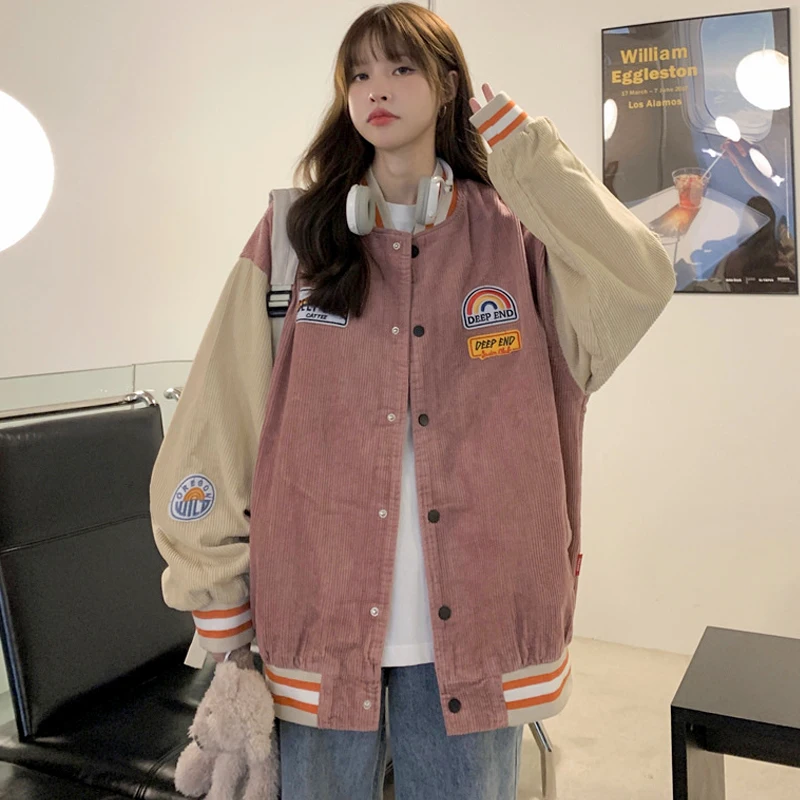 Corduroy ปัก Jaket Baseball ฤดูใบไม้ผลิและในฤดูใบไม้ร่วงผู้ชายและผู้หญิงคู่ Retro Harajuku Street Trend หลวมเสื้อ