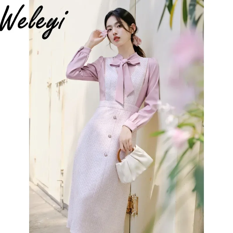 

French Socialite Long Puff Sleeve Bow Tie Pink Dress 2024 Autumn Clothes Elegant Women's Single Breasted Dresses Female Students