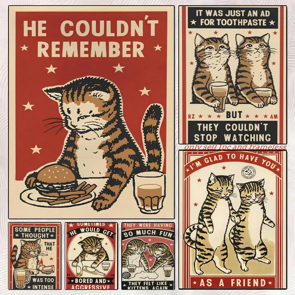 Funny Cheers Drunk Cats Part Fun Poster Self-adhesive Painting with prints Home bedroom living room decoration
