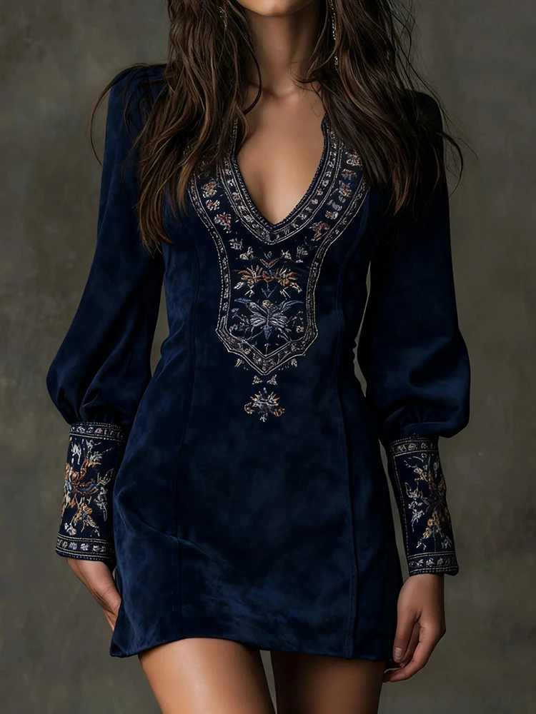 Langarm Patchwork Sexy Minikleid, Frühling Herbst Damen V-Ausschnitt Stickerei Elegantes Partykleid, 2026 Vintage Damen Slim Kleid