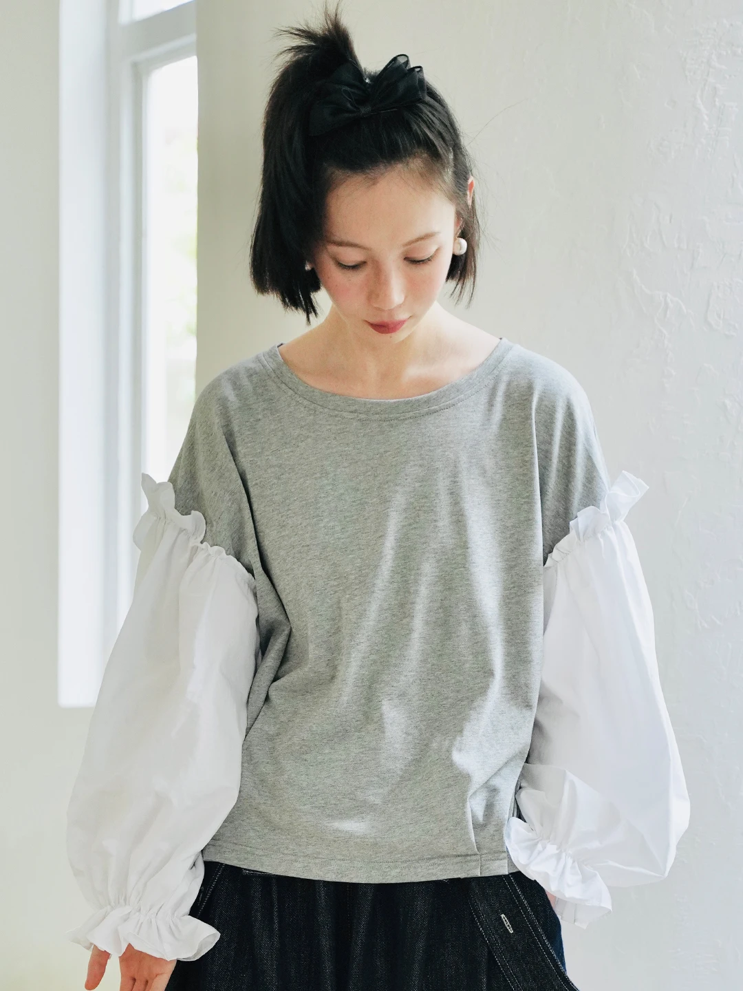 imakokoni original design long-sleeved splicing grey pullover bubble sleeve thin style summer T-shirt women's 223747