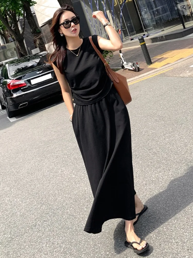 Slimming High Waist A-Line  Skirt And Tank Top Two-Piece Set Chic Summer Folded Versatile Commute Sle Medium Softn