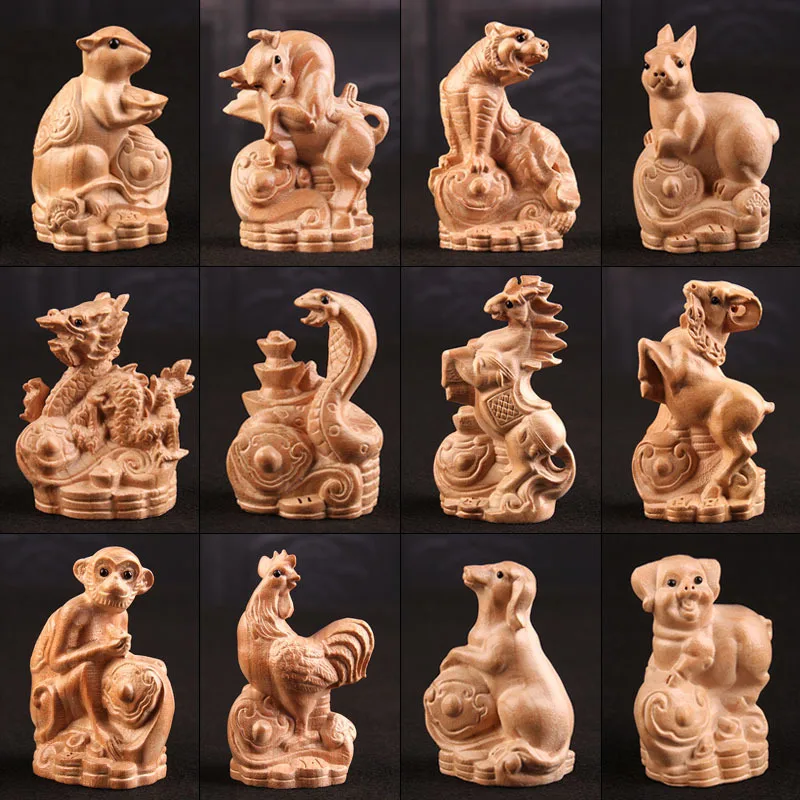 zodiac woodcarving solid wood primary color mouse, cow, tiger, rabbit, dragon, snake, horse, sheep, monkey, chicken, dog pig