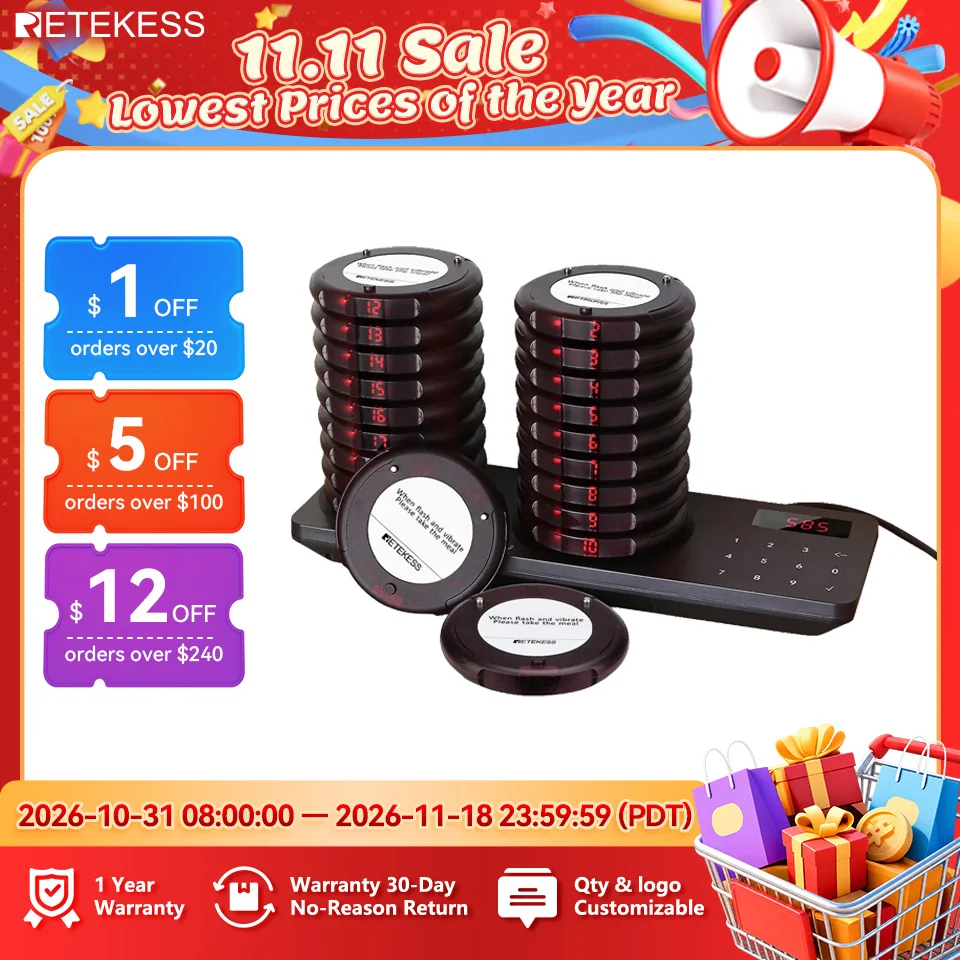 RETEKESS TD163 Restaurant Pager Wireless Calling System with Space-Saving Low Battery Alert Vibrating Beeper for Food Truck Cafe