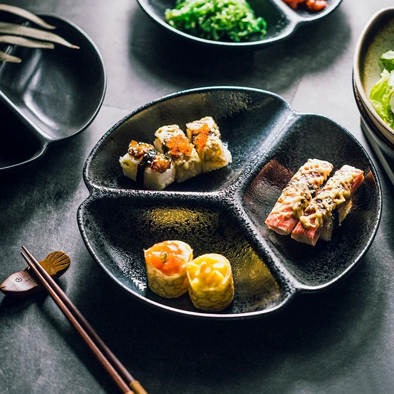 Japanese-style Three Grid Divided Plate CeramicPlate Creative Breakfast Plate Dessert Plate Household Snack Plate with DishPlate