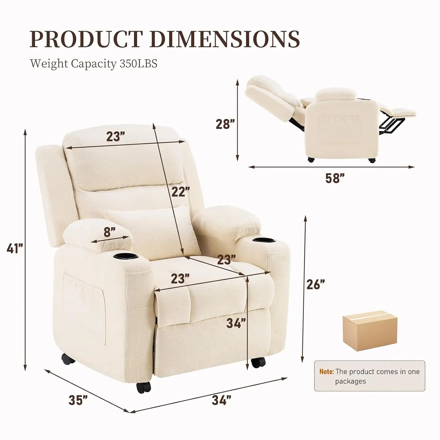 Power Recliner Chair with Vibration Massage & Heat, Electric Overstuffed Reclining for Adults with 360 Swivel Casters