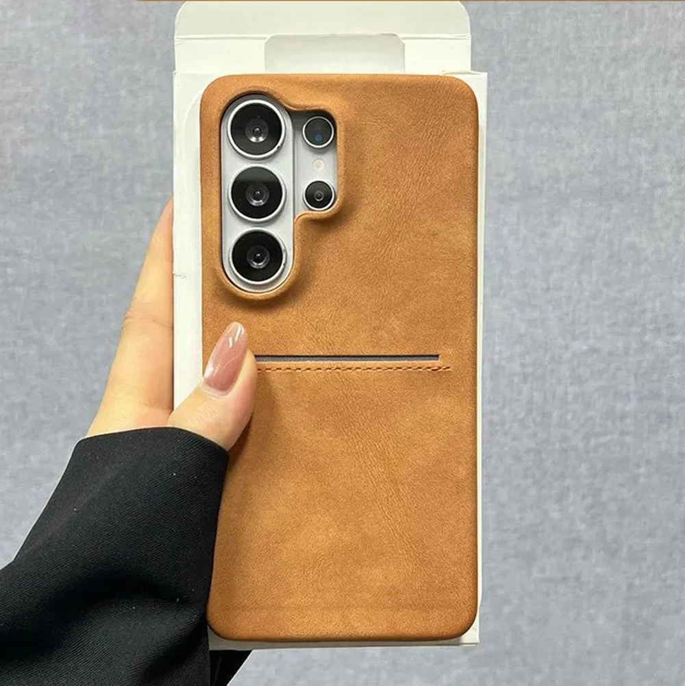 Business Sheepskin Leather Insert Card Case For Samsung Galaxy S26 S25 S24 S23 Uitra A55 A35 A25 A15 A54 Shockproof Matte Cover