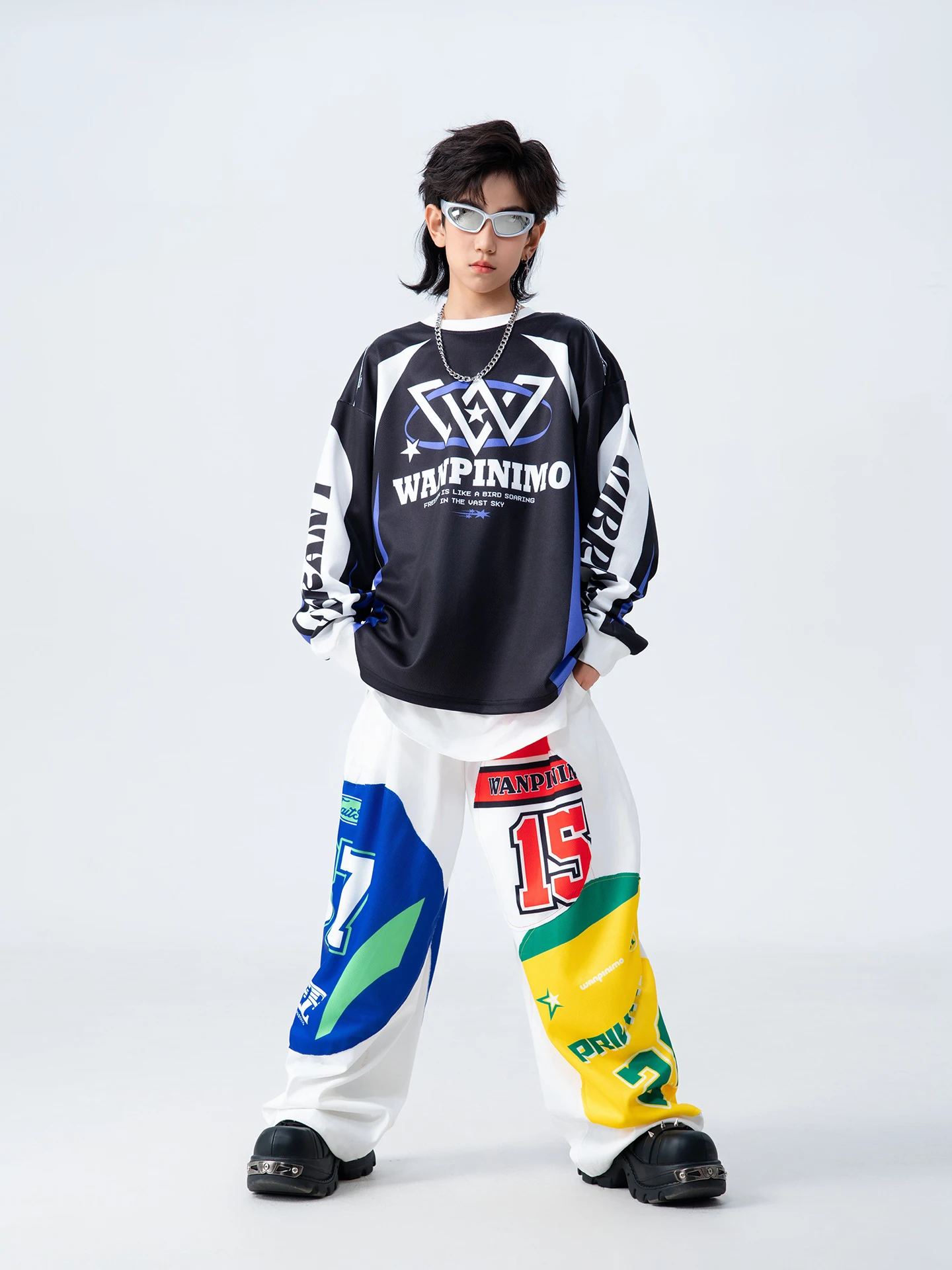 

2025 детские джазовые танцевальные костюмы для мальчиков, черные рубашки с длинными рукавами, свободные брюки, одежда Kpop для девочек, одежда в стиле хип-хоп, рейв XH3459