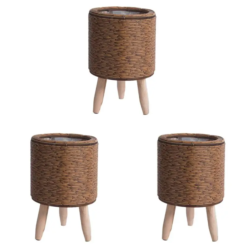 A69E3X Vintage Imitation Rattan Woven Flower Shelf Planters Handmade Storage Basket With Wooden Legs Plant Pot Stand,F