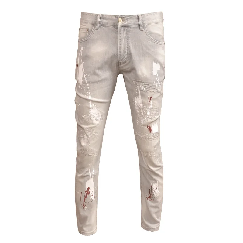Summer Thin-Style Gray Ripped Jeans Men's Fashionable Stretch Tight Feet High-End Spray Paint Patch Casual Trousers