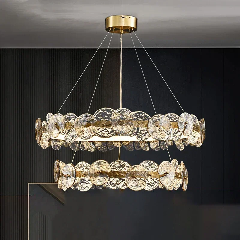 GHJUYIOL modern copper crystal chandelier, dining room, bedroom, LED circular chandelier