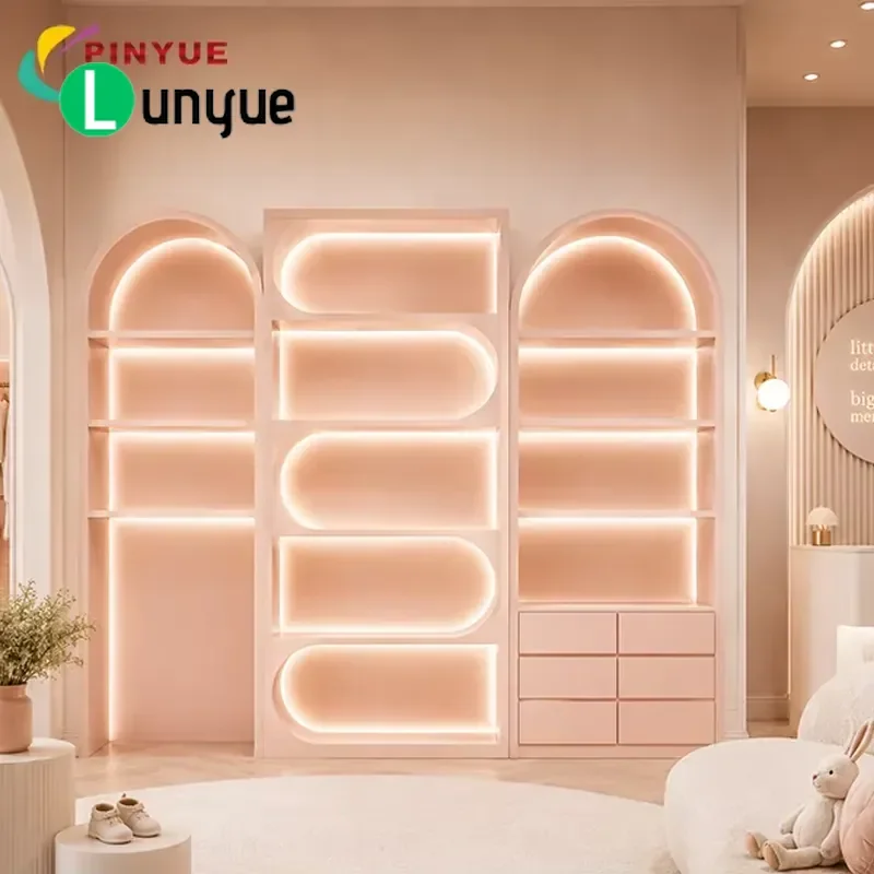 Custom Luminous Pink Arched LED Display Cabinet with Drawers Modern Retail Shelf for Cosmetics Store Boutique Showcase