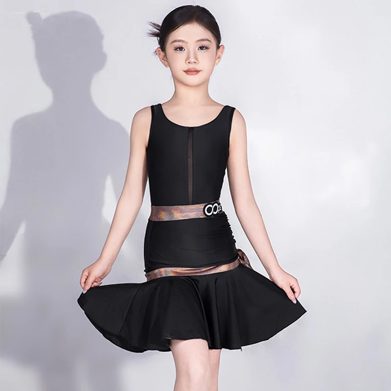 

Latin Dance Dress Black Summer Performance Dance Costume Girl Sleeveless Bodysuit Skirt Set Rumba Samba Practice Clothes AMY1802