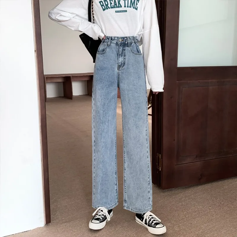 

Прямые джинсы с высокой талией, женские широкие брюки, осенние новые универсальные свободные джинсовые брюки для женщин