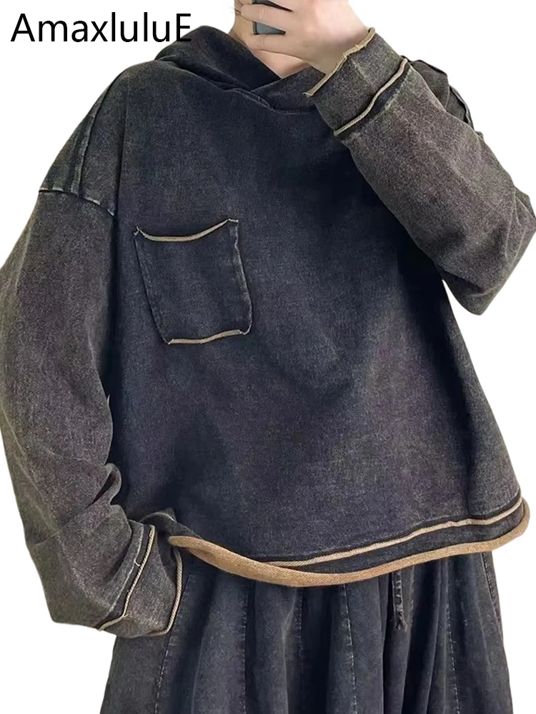 

Amax luluE 2025 Korean Spring Clothes Women Fashion Loose Hooded Vintage Denim T-shirts Ladies Luxury Casual Classic Cotton Tops