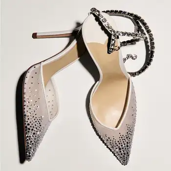 2025年新款網眼熱鑽性感百搭尖頭淺口水鑽鏈高跟包頭涼鞋女款 8 最佳銷售 鑽石高跟鞋 - №1
