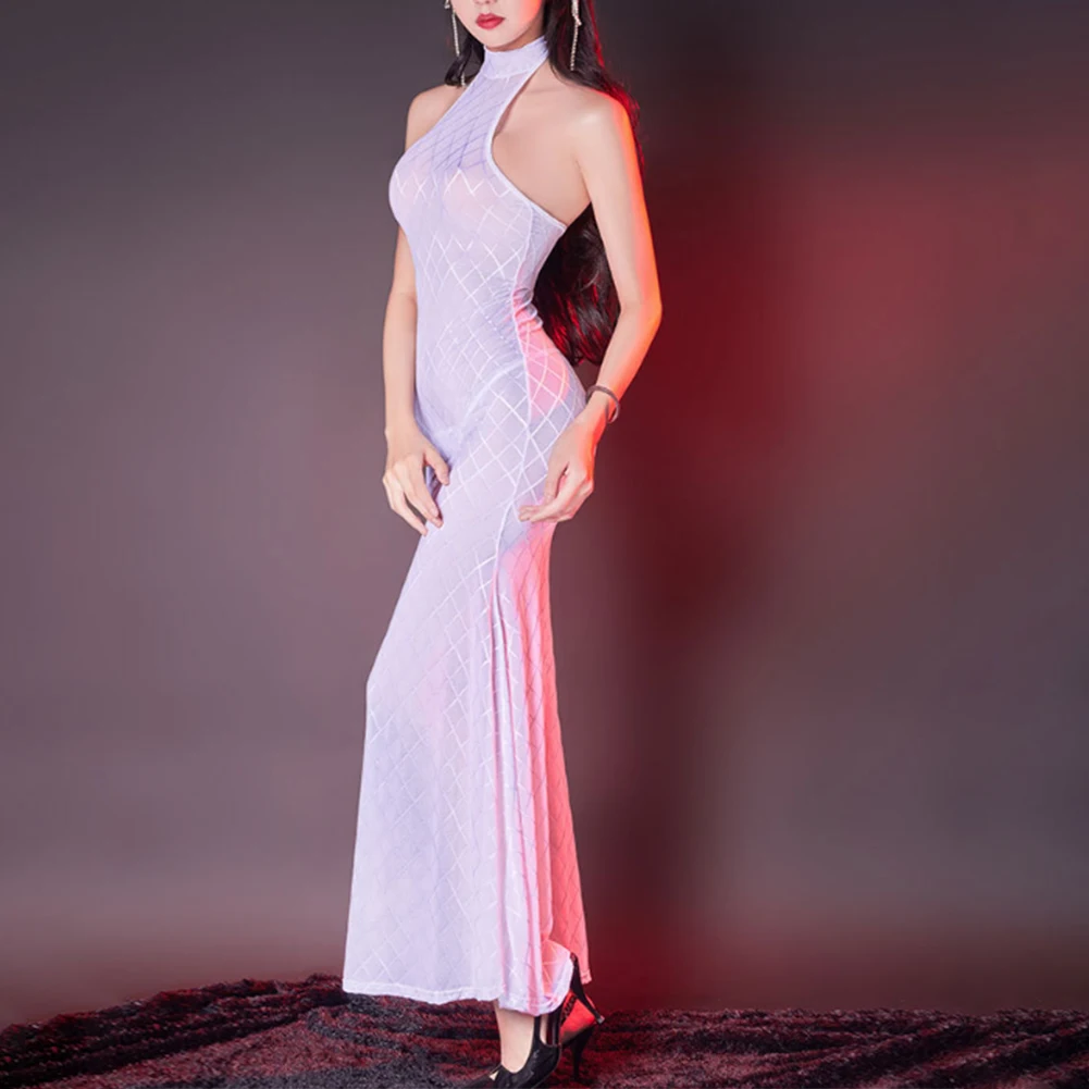 

Sexy See Through Women Sheer Long Slim Bodycon Dress Halter Neck Tight Transparent Slim Erotic Sleepshirts Party Night Clubwear