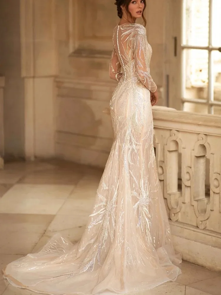 Aangepaste bescheiden lange mouw bruidsjurk sprankelende pailletten kralen trouwjurk afneembare trein bruid gewaad vestido de novia