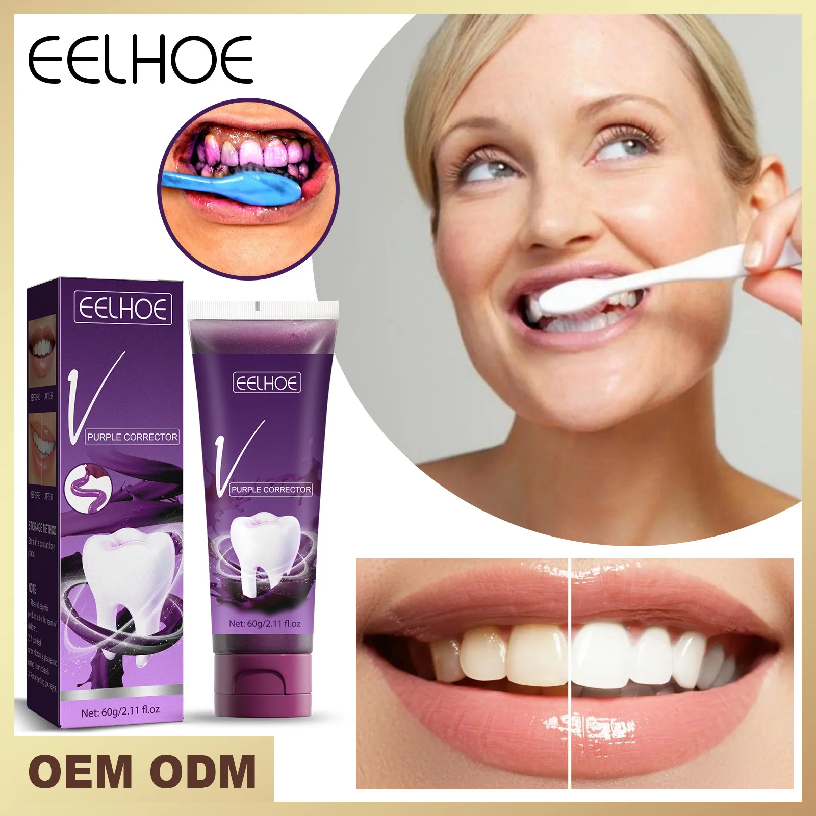 Teeth Whitening Toothpaste Oral Cavity Cleaning Enamel Repair Fresh Breath Purple Color Corrector Remove Stains Whitening v34