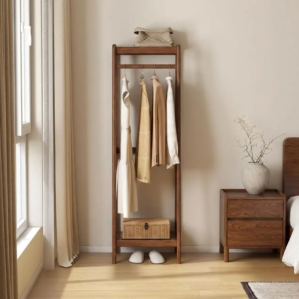 

Walnut Solid Wood Floor Standing Clothes Rack with 2 Shelves, 16 x 20 x 63, Ideal for Bedroom, Living Room, and Entryway Storage