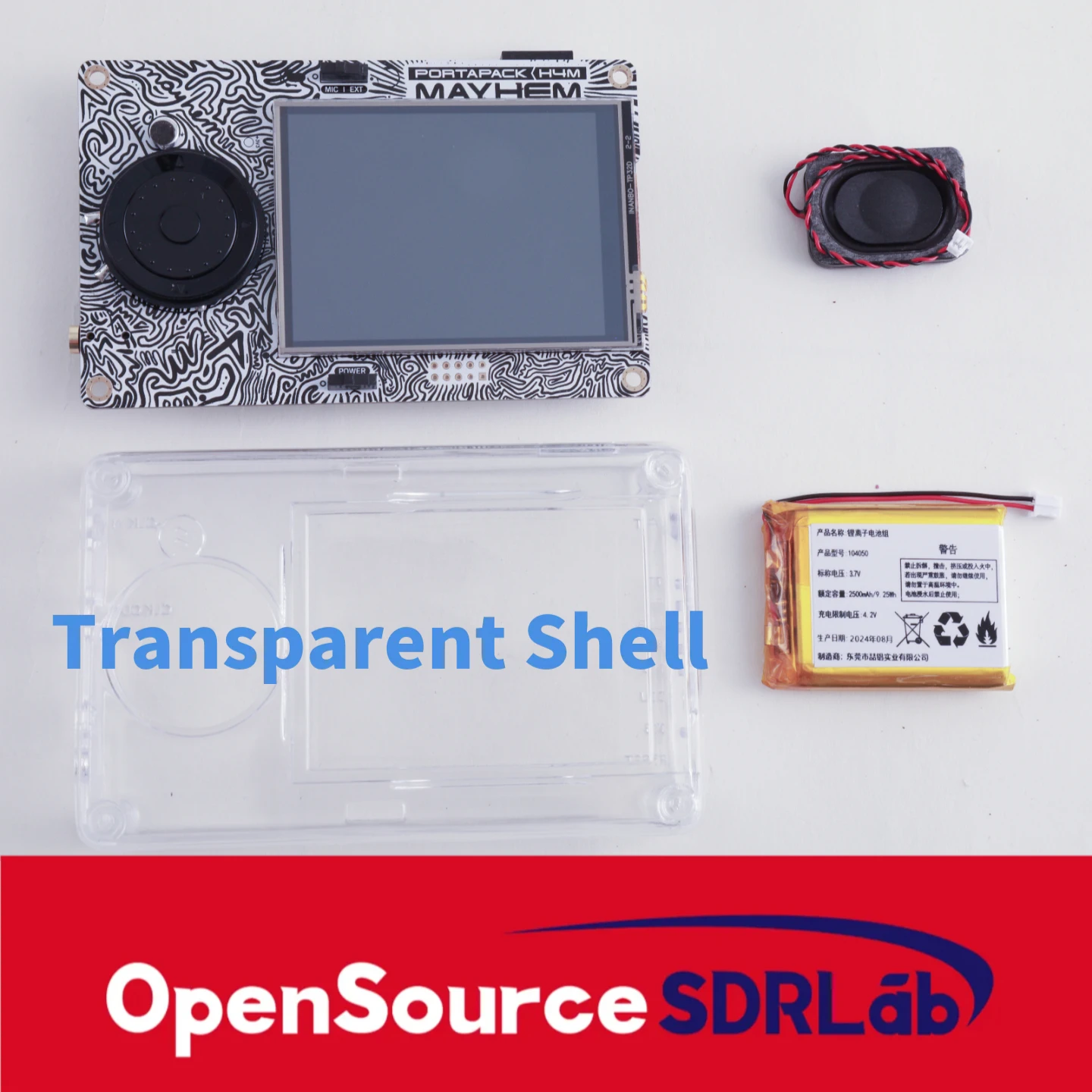 

Анализатор спектра OpenSourceSDRLab Portapack H4M и прозрачный корпус с динамиком и литиевой батареей емкостью 2500 мАч
