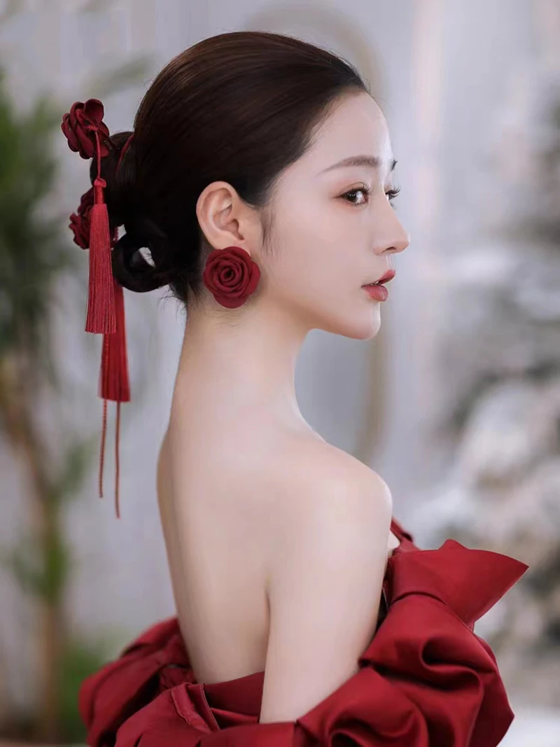 Chinese Style New Fashion Red/White Cloth Roses Flower Bride Wedding Hair Jewelry Accessories Wedding Party Banquet Head Decorat