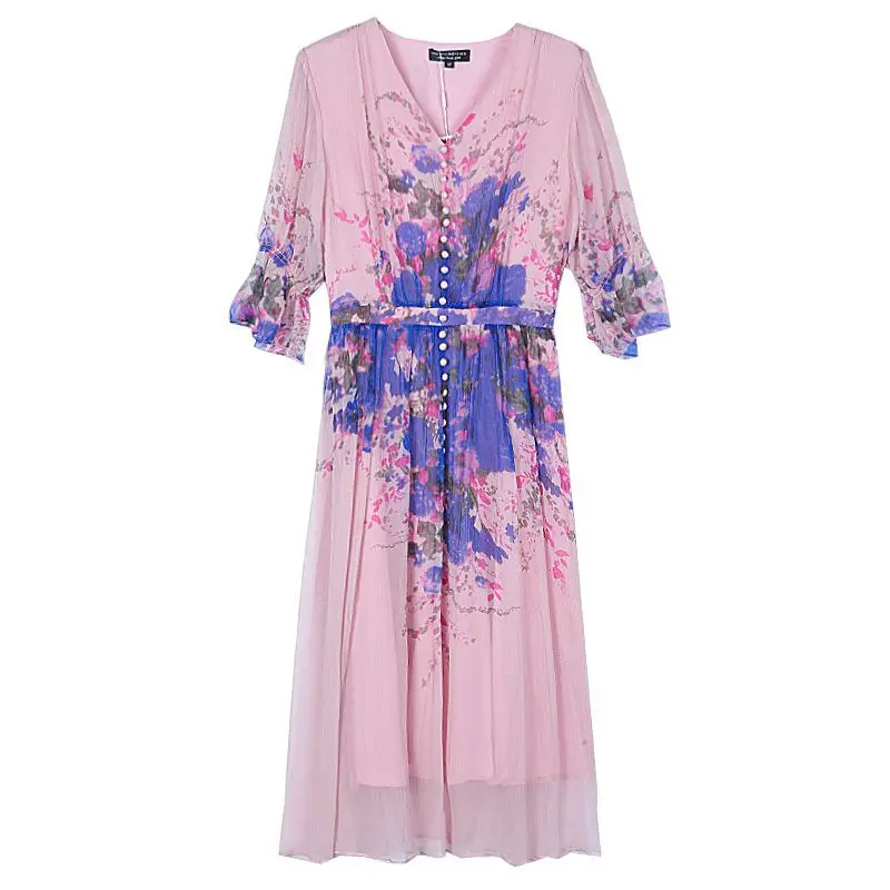 2024 Summer Luxury Silk Floral Casual Midi Dress Women\'s Vintage Elegant Evening Prom Dress Spring Holiday Boho Hepburn Vestidos