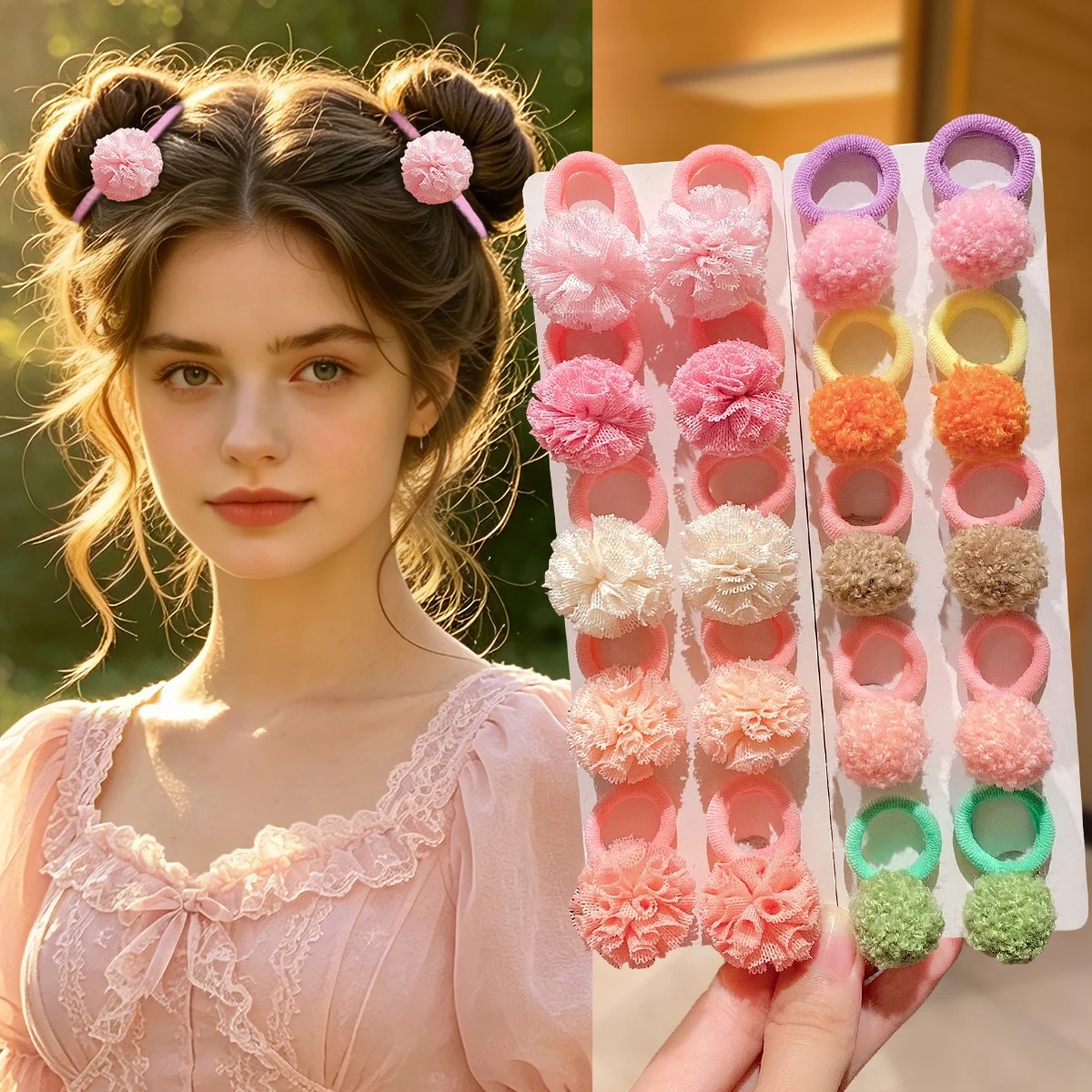 20Pcs Tulle Flower Pom Pom Hair Ties, Thick Elastic Bands for Daily Use