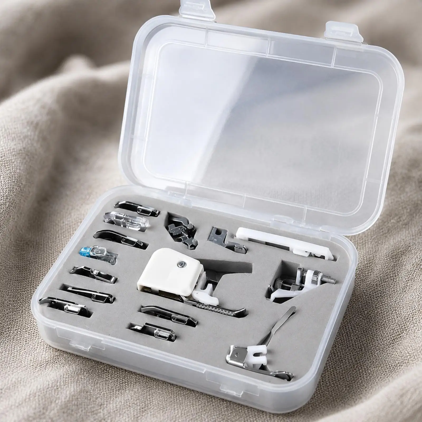 Metal Sewing Machine Presser Foot Assortment 15pcs for Household Multi Function Machines with Transparent Organizer