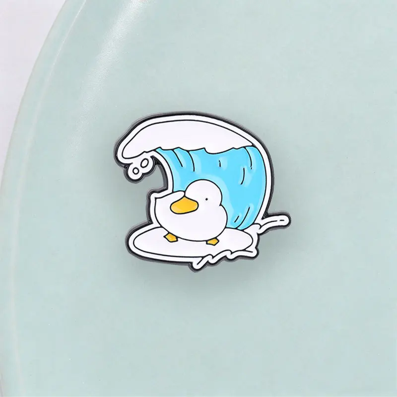 New Cartoon Blue and White Wave Duck Cute Metal Badge Fun Surfing White Duck Brooch